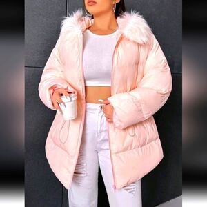 Women's Pink Puffer Jacket with Faux Fur Hood 2X